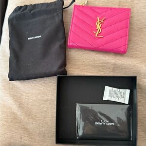 Yves Saint Laurent Fuchsia Quilted Leather Card Holder with Gold Logo